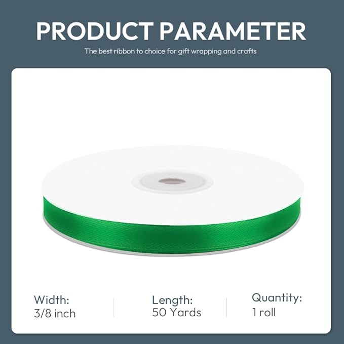 KMER LIFE 3/8" Wide x 50 Yards Green Single Faced Polyester Satin Ribbon - Image 2