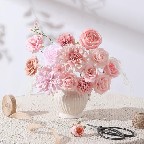 Floweroyal Artificial Flowers Fake Rose Flowers Dahlia with Stems for DIY Wedding Bridal Bouquets, Baby Shower, Floral Arrangement, Table Centerpieces, Home Decorations (Nude Color)