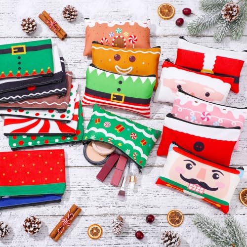 Meanplan 24 Pcs Christmas Makeup Bags Bulk Canvas Cosmetic Bag Gift