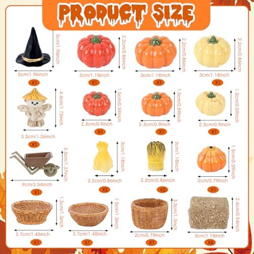 33 PCS Mini Fall Figurines Thanksgiving Resin Figurines Autumn Tiny Resin Farm Miniature Include Trees Pumpkins Scarecrow Wheelbarrow Ears of Wheat Basket Fence for Harvest Home Table Decorations