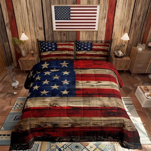 Castle Fairy American Flag Comforter Set Twin Size for Kids Boys, Wooden Planks Painted as USA Flag Patriotic Country Style, Room Decorative Quilt Set with 1 Pillow Sham, Ultra Soft