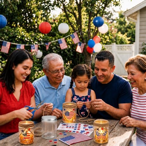24 Sets 4th of July DIY Craft Kits Patriotic Plastic Mason Jar Making Craft Gifts Bulk American Flag Table Centerpieces 250th Independence Day Decoration for Anniversary Classroom Activities