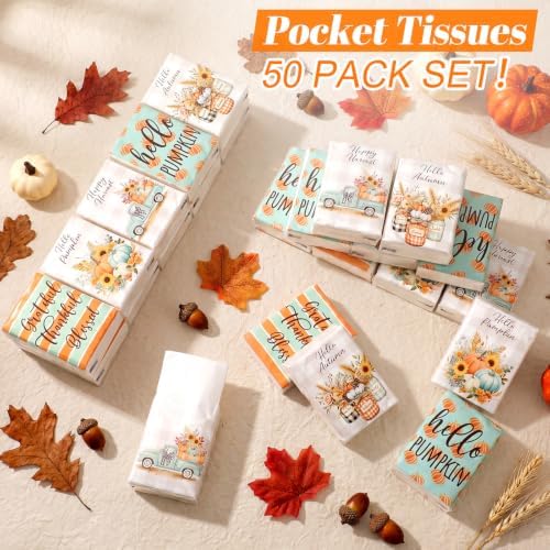 Outus 50 Pack Fall Pumpkin Travle Size Pocket Tissues, Goodie Bag Gifts