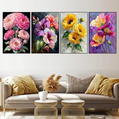 Axquilon 4 Packs Flowers Framed Paint by Numbers Kit with Easel 8x10in