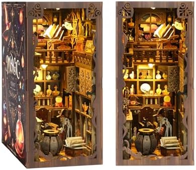 Magic Academy Book Nook Kit with LED Lights - 3D Wooden DIY Miniature Library for Bookshelf Decor, Gift for Harry Potter Fans