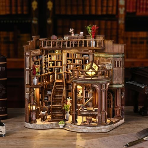 Book Nook Vintage Library Wooden DIY Kit - 3D Bookshelf Model with LED Lighting, Classic Study Room Decor for Adults