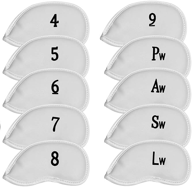All Teed Up Premium Magnetic Leather Iron and Wedge Golf Club Head Covers | Set of 10 | Fits Most Clubs | Embroidered Club Label on Both Sides of Club Head Cover