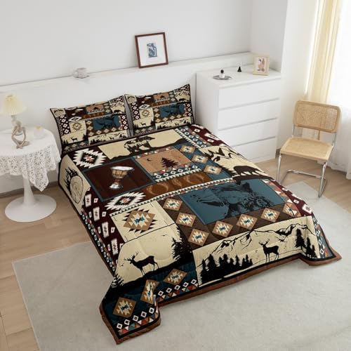 Deer and Bear Wild Animal Bedding Comforters Queen Size,Tribal Exotic Style Patchwork Plaid Comforter Set with 2 Pillowcases,Retro Rustic American Geometric 3pcs Children Adult Polyester Duvet Set