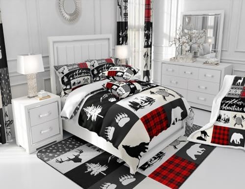 Castle Fairy Bear Deer Kids Comforter Set Twin Size,Hunt Arrow Adventure Wildlife Patchwork Bedding Set for Kids Boys Men,Red Check Boho Aztec Cabin Decor Quilted Duvet Set with 1 Pillowcase