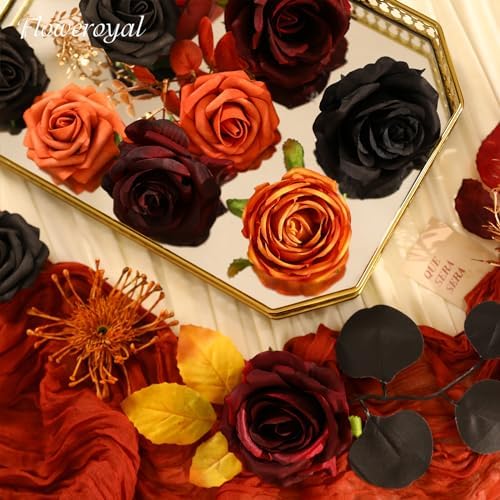 Floweroyal Halloween Artificial Flowers Black Flowers Mix Silk Flowers Fake Roses with Stems for DIY Wedding Bridal Bouquets, Baby Shower, Floral Arrangement, Table Centerpieces, Home Decorations