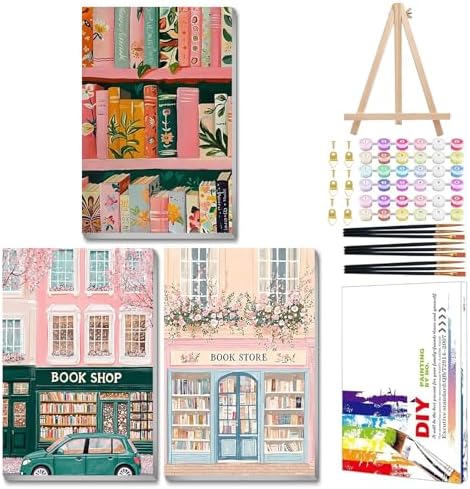 Mandun Book Shop Paint by Numbers Kit for Adults, 3 Pack, 7.8x11.8 inch