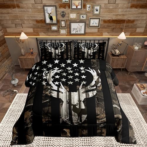 Camo American Flag Twin Comforter Set Boys,Deer Antlers Grey Camouflage Quilt Set Flags for Room Teens,Wild Animal Hunting Rustic Farm Branches Leaves Plant Stars Stripes USA Flag Bedding Set