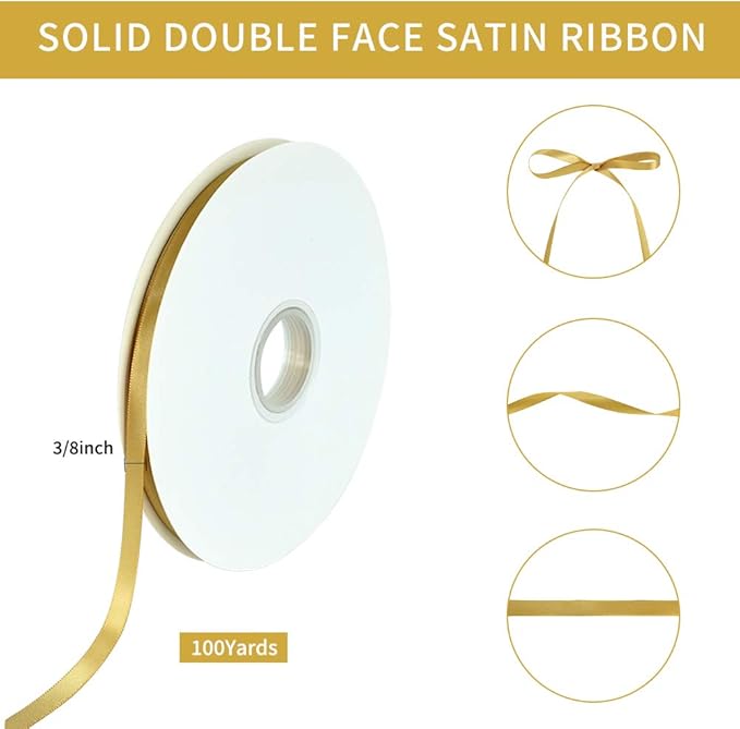TONIFUL 3/8 Inch x 100yds Gold Satin Ribbon Thin Solid Fabric Ribbons Roll - Image 2