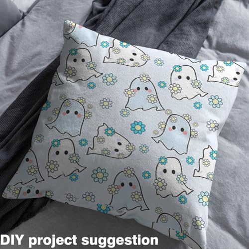 Jejeloiu Happy Halloween Fabric by The Yard Kawaii Ghost Printed Upholstery Fabric for Sewing Crafting Blue Ghost Floral Waterproof Indoor Outdoor Decor for Home DIY Projects 10 Yards