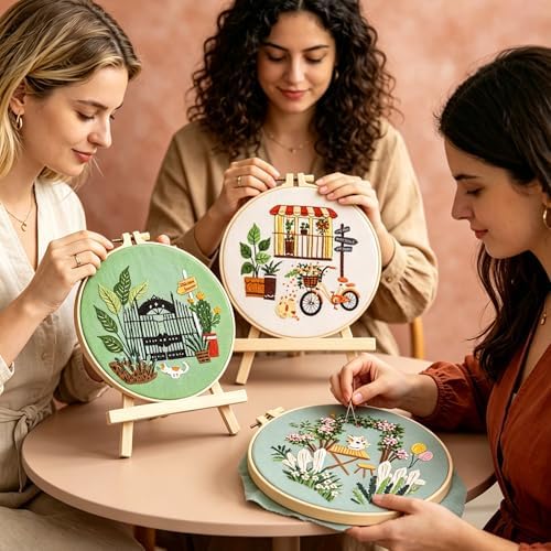 Qupace 3 Pcs Farmhouse Kits for Woman,Beginner Embroidery Kits for Adults,Garden Balcony Scene Pattern Cross Stitch, Green Themed Needlework Sewing Craft Kit