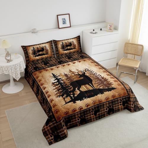 Castle Fairy Deer Bear Plaid Comforter Set Twin Size,Animal Hunting Bear Print Bedding Set for Kids Boys Men,Pine Trees Rustic Retro Grid Quilted Duvet Set with 1 Pillowcase