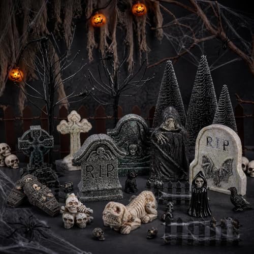 YLOLUL 48 Pcs Fluorescent Halloween Village Accessories Miniature All Saints' Day Figurines Glow in The Dark Mini Tombstones Skeleton Tiny Trees for Halloween Town Decorations Party Table Decor