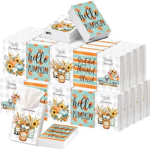 Outus 50 Pack Fall Pumpkin Travle Size Pocket Tissues, Goodie Bag Gifts