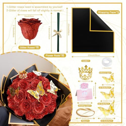 Red Glitter Flowers Bouquet, Fake Roses Bouquet 16 Pcs DIY Glitter Rose Bouquet Kits Birthday Gifts for Women Mom Mother's Day Anniversary Graduation