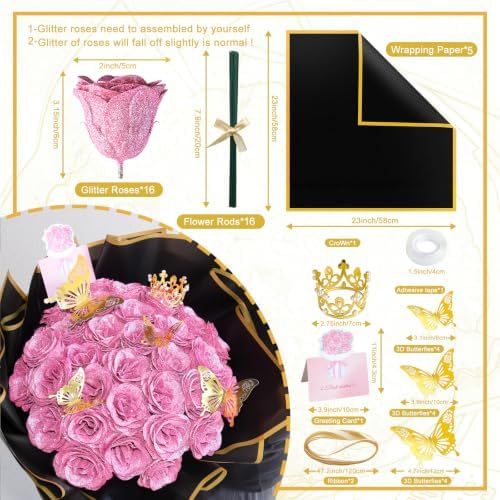 Pink Glitter Roses Bouquet 16 Pack DIY Flowers Bouquet Kit