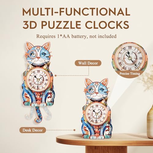 3D Puzzles for Adults Wooden DIY Cat Clock Puzzle Adult Crafts