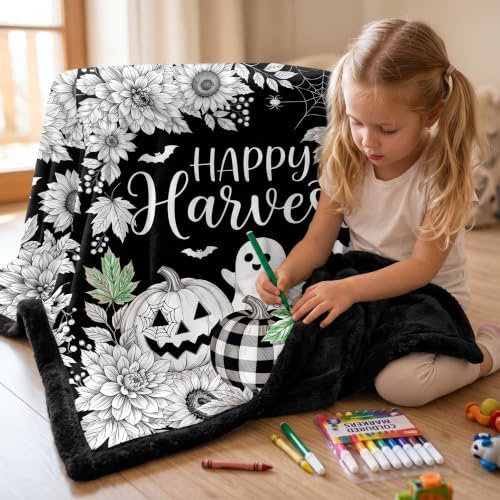 Color Your Happy Harvest Halloween Blanket Kit, DIY Fall Pumpkin Ghost Coloring Fleece Throw with 24 Fabric Markers, Arts & Crafts Gift for Kids Adults(DIY Harvest)