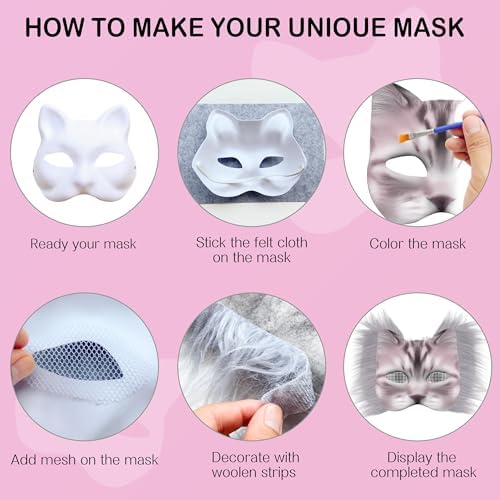 J6&H6 31 Pcs DIY Therian Mask Kit with Exclusive Funny Stickers, Blank Cat Mask,Fabric Sheet, Faux Fur and Eye Mesh Suitable for Christmas Role-Playing Parties(Pink)