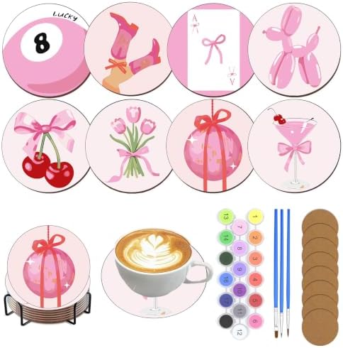 8 Pack Modern Paint by Numbers Kits Coasters with Holder Cork Pads