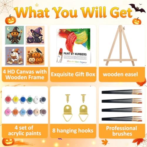 4 Pack Halloween Paint by Numbers Kit for Kids, with Frame, 7.8x7.8 inch