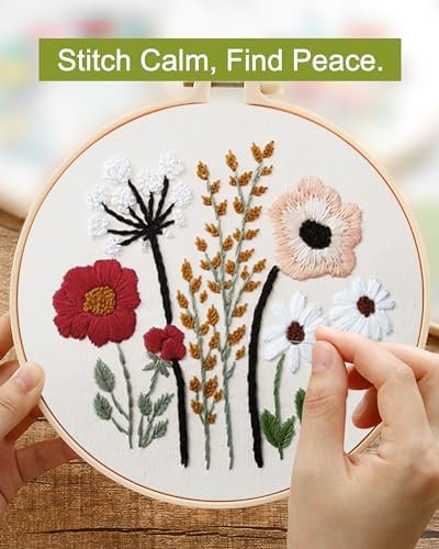 Santune 3 Sets Embroidery Kit,Cross Stitch Kits for Beginners,Needlepoint Kits for Adults with Easy Floral Pattern Hand Crafts,Hoop,Needle,Mothers Day Gifts