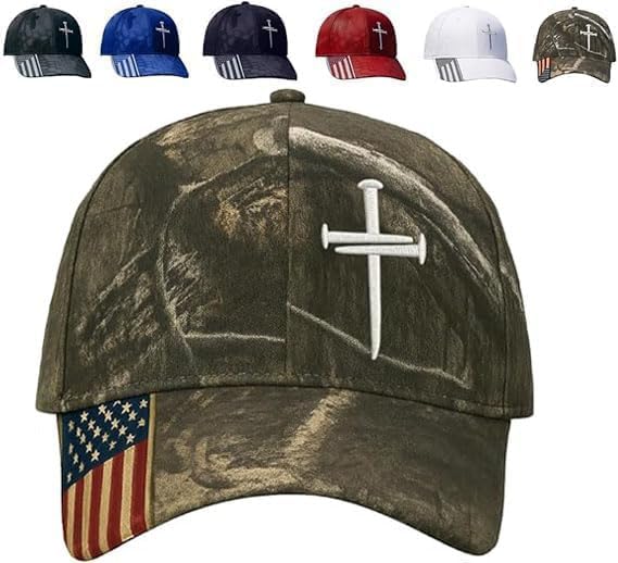 Adjustable Jesus 3 Nail Cross Hat with American Flag