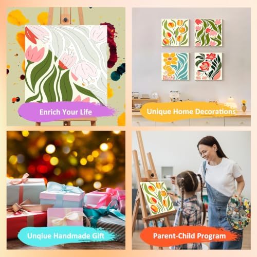 4 Pack Flower Paint by Numbers Kit for Kids, with Frame, 7.8x7.8 inch