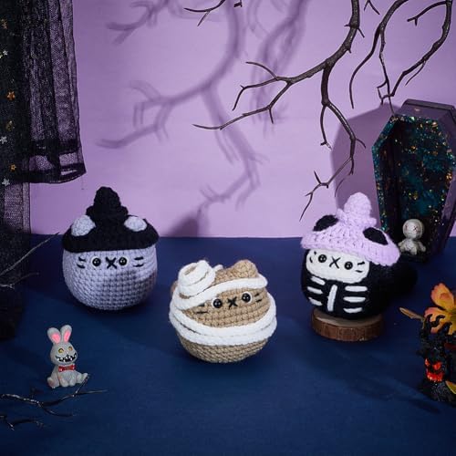 ORIGACH 3 Set Halloween Mummy & Cat Crochet Kit for Beginners, DIY Halloween Amigurumi Set with Video Tutorial, Yarn, Tools, Complete Crochet Starter Pack, DIY Spooky Gift