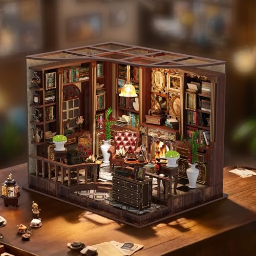 Parisian Library Book Nook DIY Kit - 3D Wooden Study Model with Touch-Sensor LED Light, Vintage Bookshelf Decor for Adults