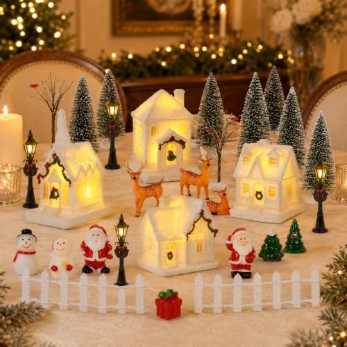 38 PCS Christmas Village Sets Christmas Figurine Village Houses Accessories White Winter Miniature Town Snow Scene Tabletop Decor with Santa Snowman Deer Street Light Pine Trees for Xmas Home Decor
