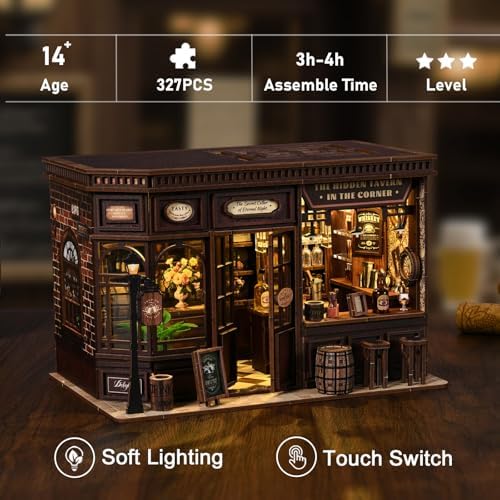 The Hidden Tavern DIY Book Nook Kit - 3D Miniature Bar with LED Lights, Eternal Night Wine Cellar Decor for Bookshelf