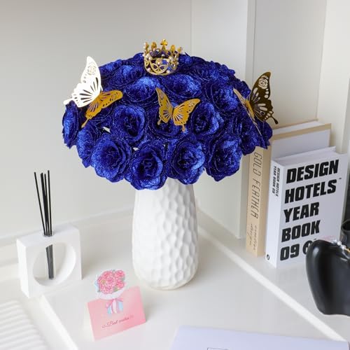 CCYXSHOW DIY Glitter Blue Roses Bouquet 36 Pack Artificial Rose with Stems