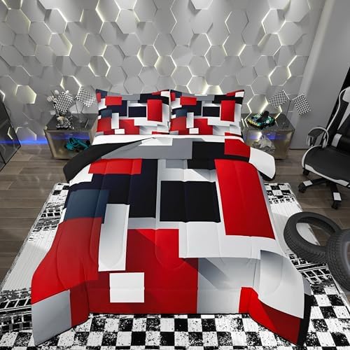 Castle Fairy 3D Geometric Comforter Set Queen Size,Red Black Grey Abstract Square Bedding Gift for Children Adult Xmas Present,Colorful Plaid Print Polyester Quilt Set with 2 Pillowcases, 3 Piece