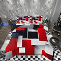 Kids 3D Geometric Comforter Set Twin Size,Red Black Grey Abstract Square Quilt Set for Kids Boys Bedroom Decor Xmas Gift,Colorful Plaid Print Polyester Bedding Set with 1 Pillowcase, 2 Piece