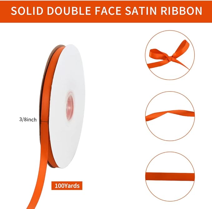 TONIFUL 3/8 Inch x 100yds Orange Satin Ribbon Thin Solid Fabric Ribbons - Image 2