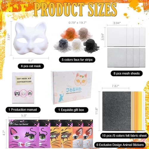 J6&H6 36 Pcs DIY Therian Mask Kit with Exclusive Animal Stickers, Mask,Felt Fabric Sheet, Faux Fur and Eye Mesh Suitable for Use in Animal Role-Playing Parties and Carnival Costume Parties