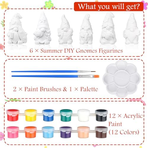 CroBlissful 6 Sets Ceramic Gnome Painting Kit Summer Unpainted Figurines
