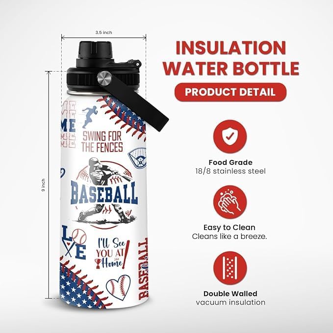 Baseball Water Bottle - 32oz Stainless Steel Insulated Sport Bottles with Lid - Men Baseball Lover Player Fan Coach