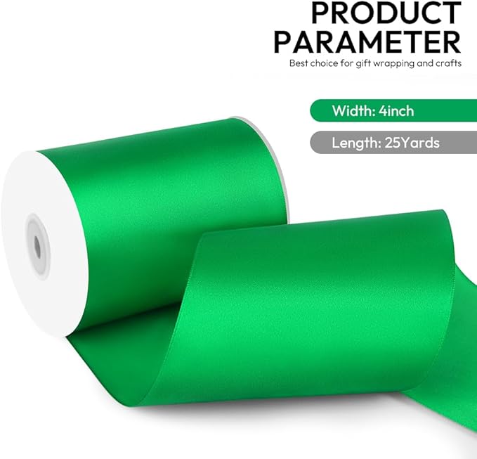 4 Inch 25 Yard Wide Satin Ribbon Green, Solid Fabric Large Ribbon Roll - Image 2