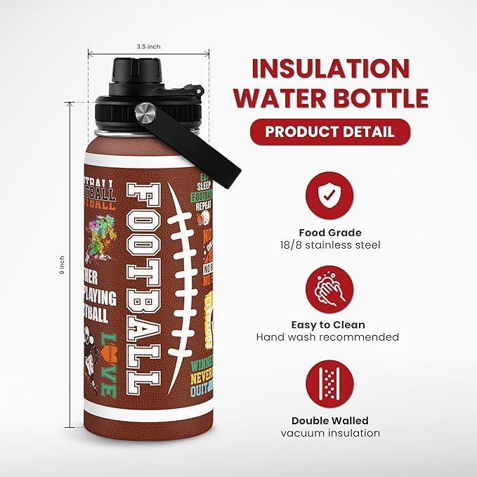 American Football Insulated Stainless Steel Water Bottle 32oz, Vacuum Chug Lid Travel Tumbler for Men Friends Dad Football Lovers Fans Coaches, Birthday Christmas Father's Day