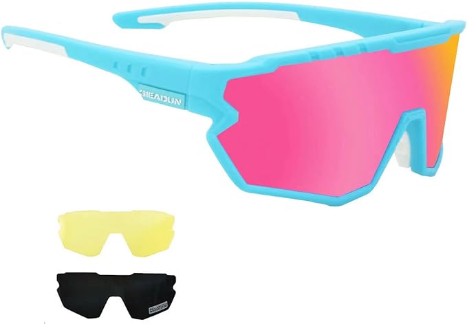 Sports Sunglasses Cycling Glasses Pink Polarized Glasses Baseball glasses with 3 lenses,Fishing,Ski Running Golf