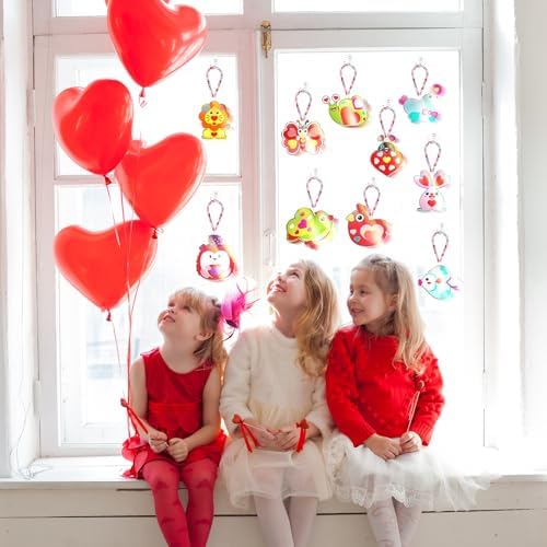 Dunzoom 30 Pack Valentine's Day Suncatcher Craft Kits for Classroom Exchange - DIY Pink Heart Paint Art Set - Bulk Valentines Party Favors Gifts, Non-Candy Activity, Window Ornaments Decor