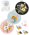 Santune 3 Pack Flower Embroidery Kit for Beginners Adults Cross Stitch Needlepoint Kits Hand Craft with Plant Patterns,3 Instructions,1 Hoop,Threads and 6 Needles