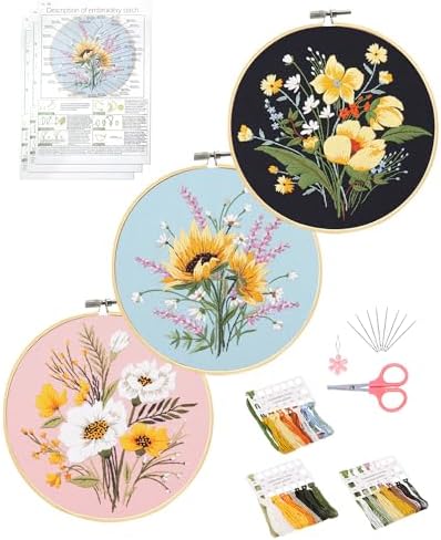 Santune 3 Pack Flower Embroidery Kit for Beginners Adults Cross Stitch Needlepoint Kits Hand Craft with Plant Patterns,3 Instructions,1 Hoop,Threads and 6 Needles
