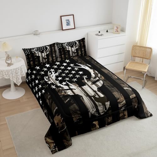 American Flag Queen Comforter Set, Grey Camouflage Antlers and Leaves Down Comforter for Man Adult,Camo Hunting Deer Animal Camping Bedding Set Stars Stripes USA Flag Quilt,Farmhouse Style